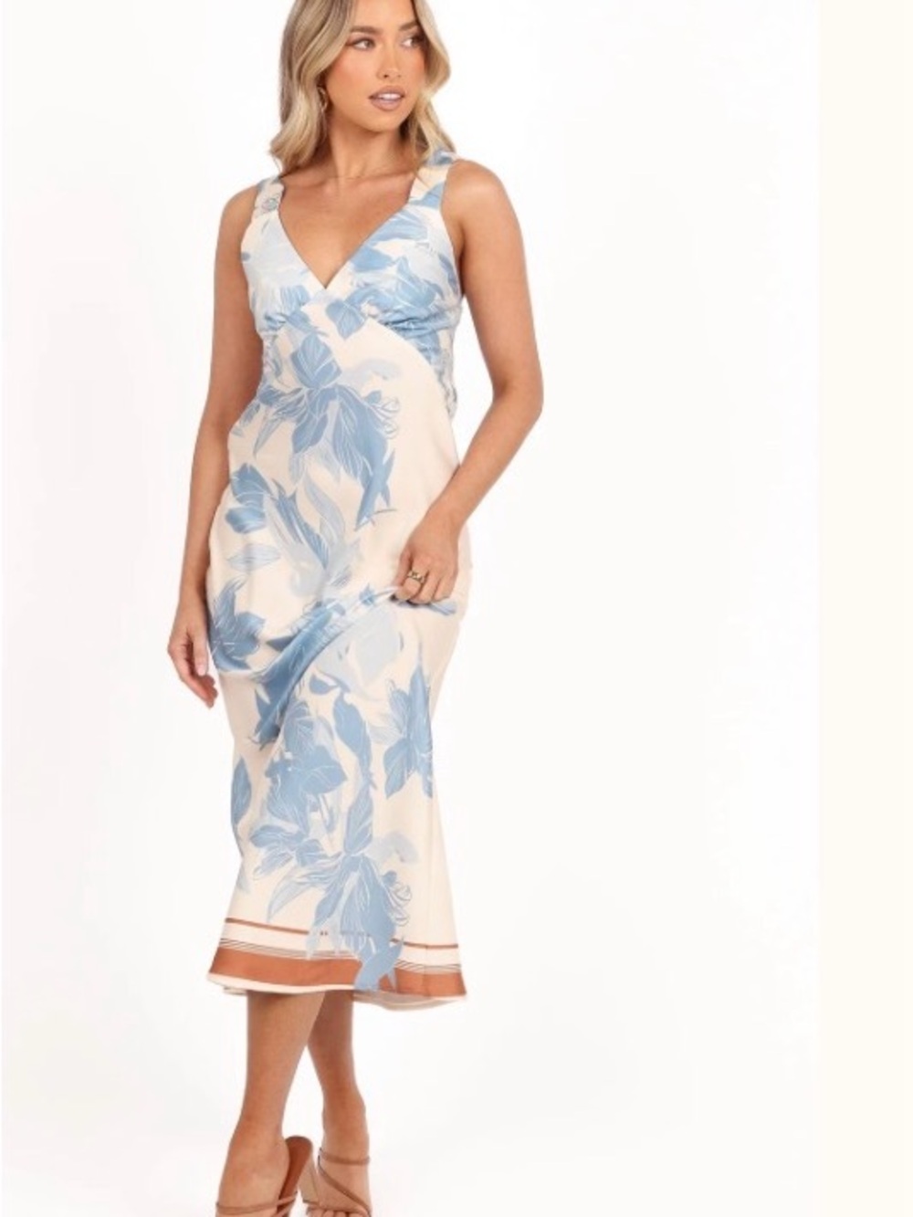 V-Neck Floral Midi Dress in Blue and Cream